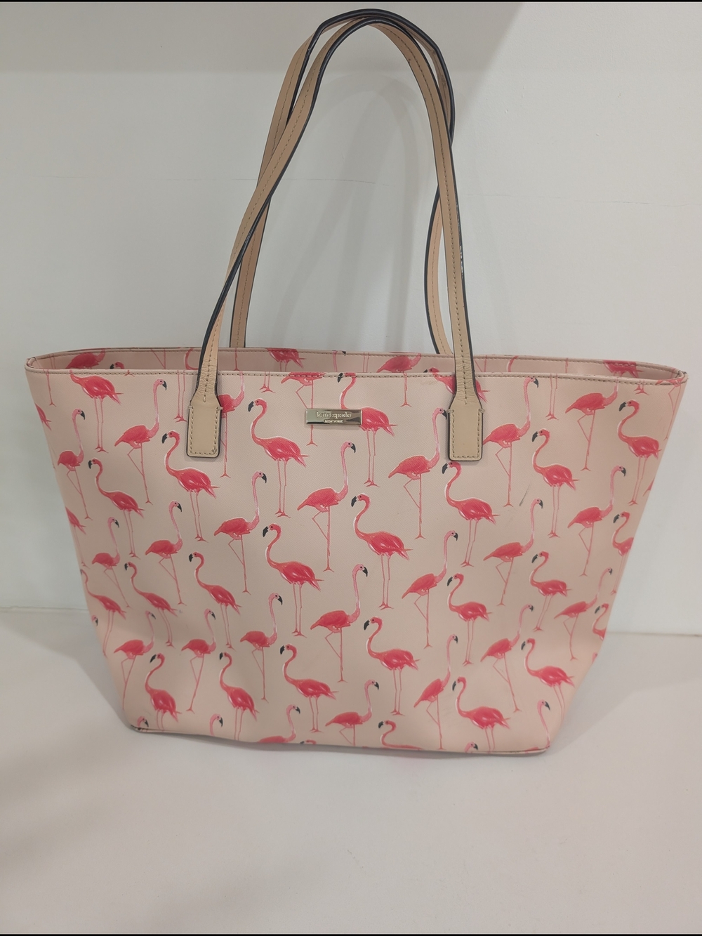 kate spade Pink Flamingo Print Tote with Beige Handles
